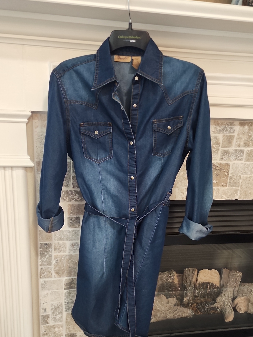 Wrangler Blue Denim Long Sleeve Shirt Dress with Waist Tie